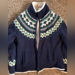 L.L. Bean Men's Zip Up Sweater - Navy and Green Pattern